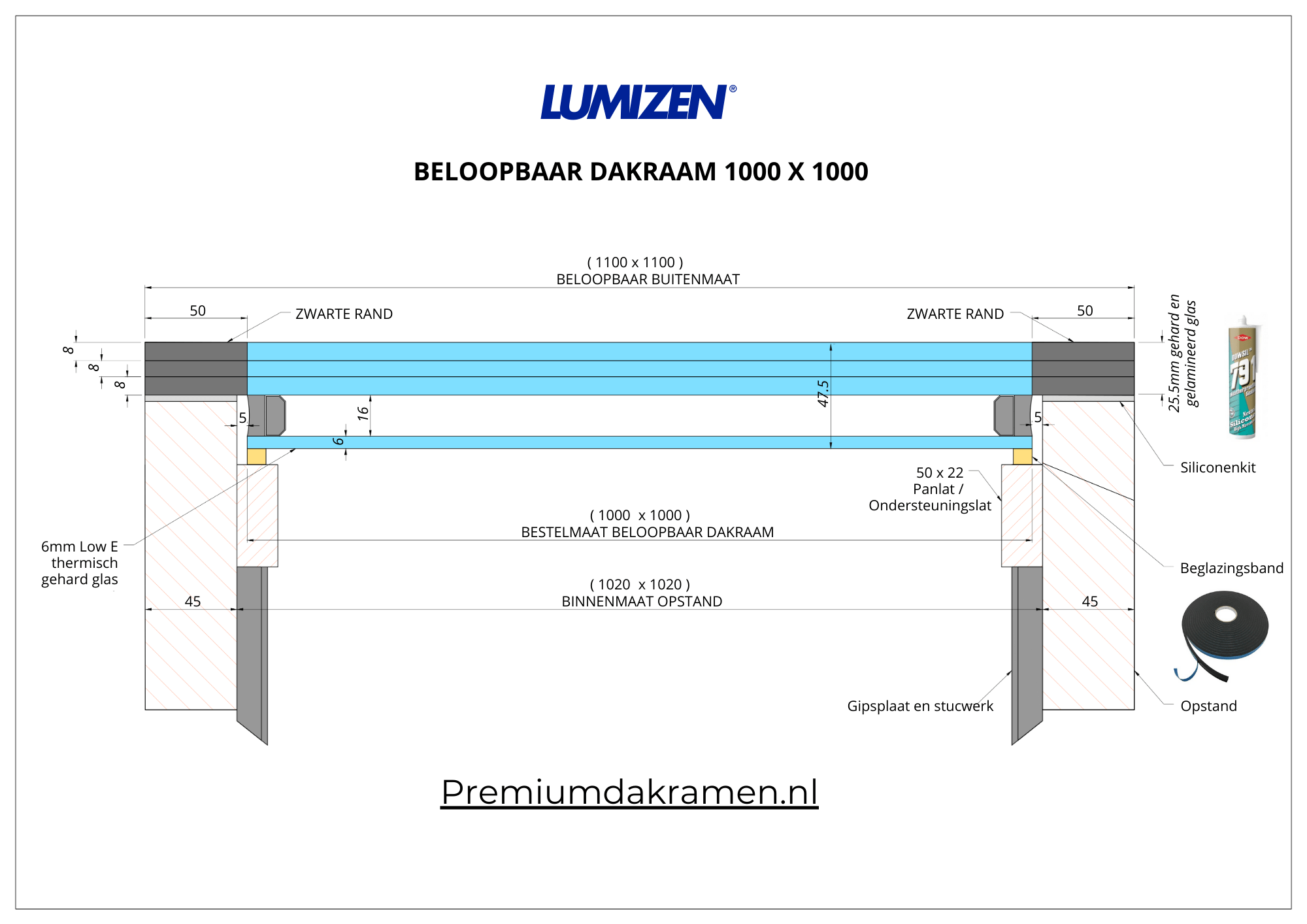 Dakraam Beloopbaar - 100x100 cm van Premium Dakramen